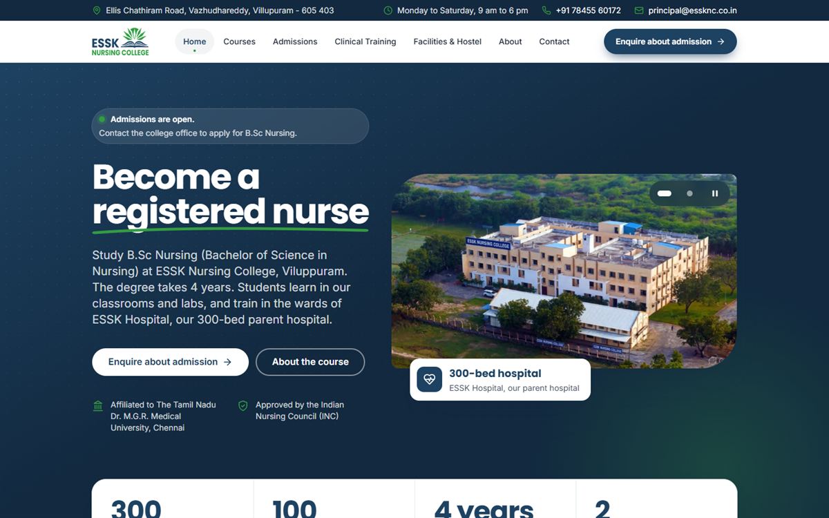 Home page of the ESSK Nursing College website
